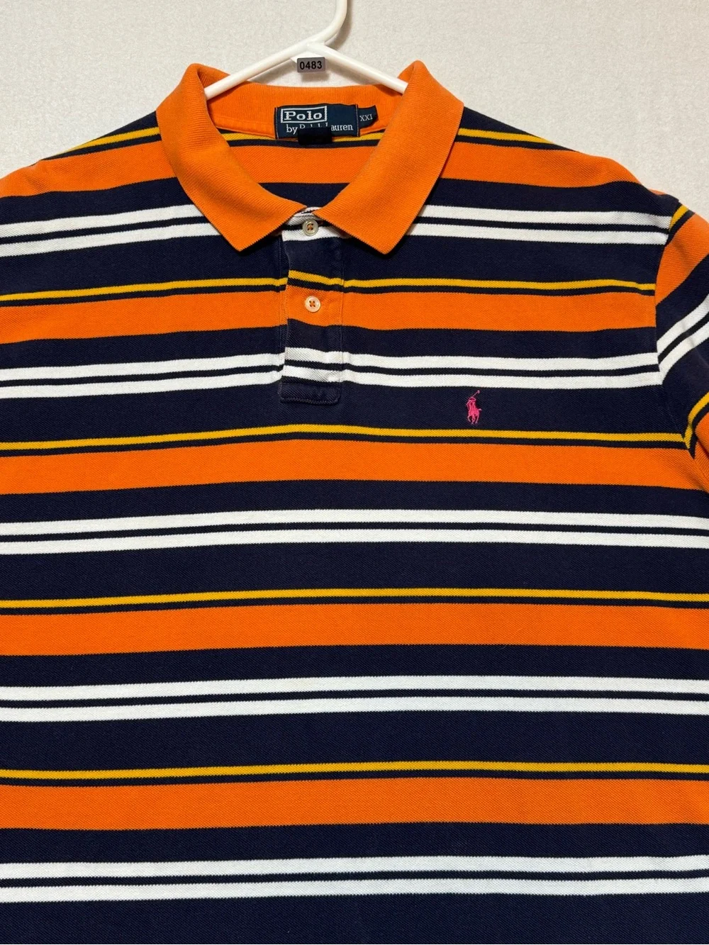 VTG Polo Ralph Lauren Striped Polo Shirt Orange Blue Pink Pony Sz XXL (fits XL)